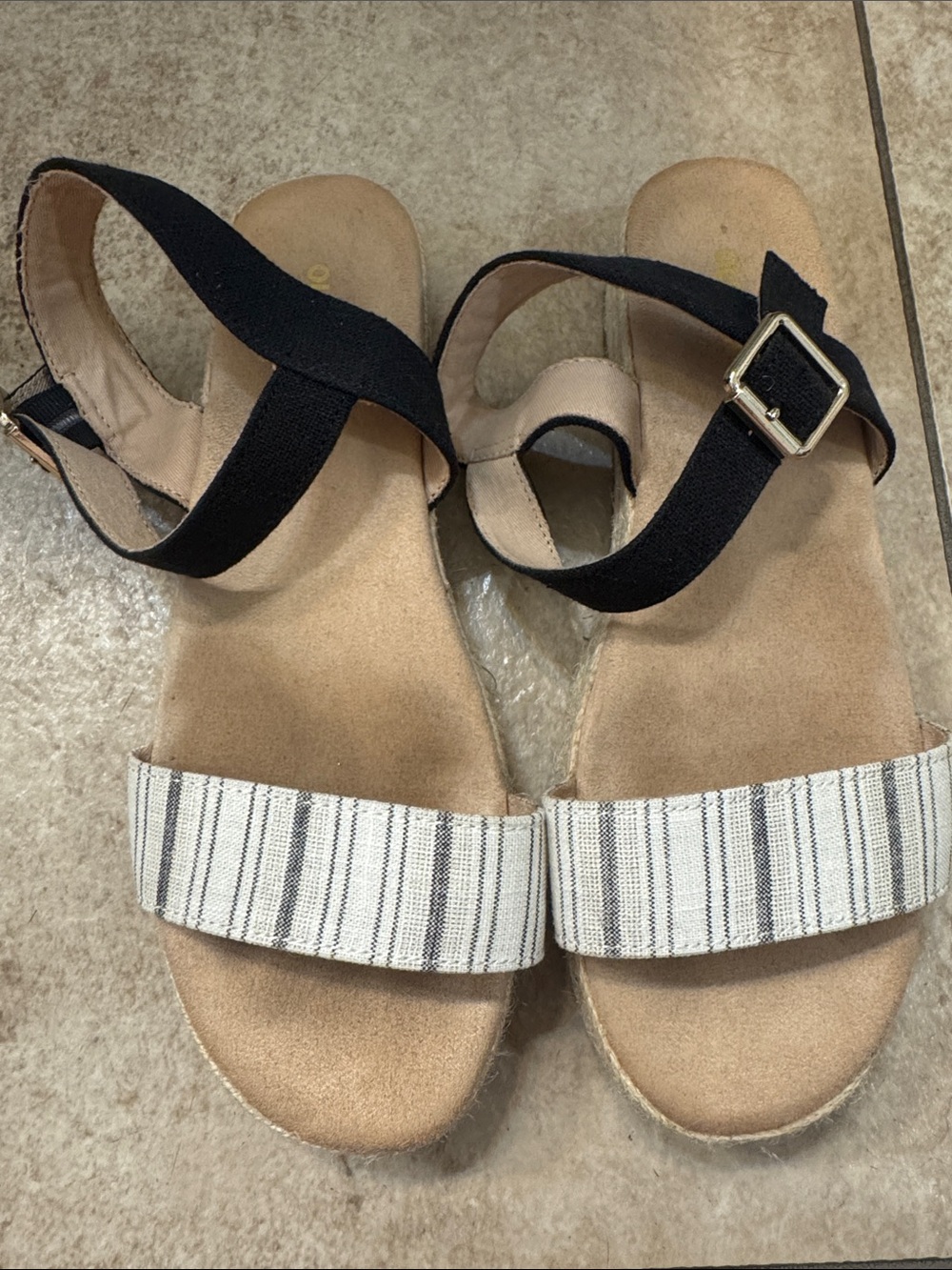 Ladies Black and Beige Striped Ankle-Strap Sandals old navy
